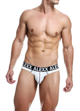 White alexx branded briefs with a black waistband featuring bold white alexx logo in size xl front view