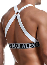 White cross-back athletic supporter with black elastic alexx branding showing the back side in one size