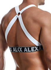 White cross-back athletic supporter with black elastic alexx branding showing the back side in one size