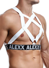 White crisscross strap harness with black alexx branded band across the chest by alexx underwear size one size