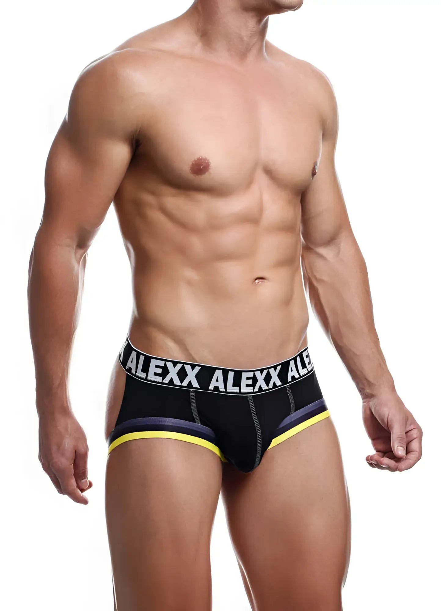 Black alexx underwear gareth jock strap briefs with bold white logo band and yellow trim size s ale007