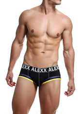 Black alexx underwear gareth jock strap briefs with white alexx waistband and yellow trim size s front view