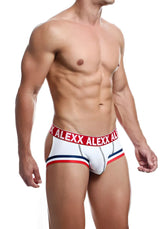White men’s briefs alexx underwear gareth jock strap with red and blue trim and bold red alexx logo band size s