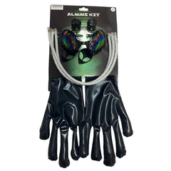 Black latex gloves with a glossy finish part of the alien dress-up kit costume set
