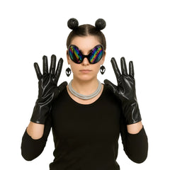 Black patent leather gloves with glossy finish and long fitted design from alien dress-up kit visible from the back