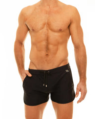 Black along slit swim short swim trunks with drawstring waistband and small side logo for beachwear and swimming