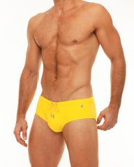 Bright yellow along solid swim brief with drawstring waistband and small logo on the side for swimming
