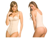 Beige ann chery 1019 powernet body shaper bodysuit with front zipper thin shoulder straps and thong bottom