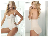 Ann chery 1043 powernet beige high-waisted shapewear bodysuit with front zipper and lace trim on the bust