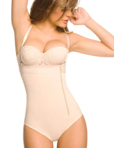 Beige lace-trimmed ann chery 1043 powernet body fiorell body shaper with front zipper and adjustable straps