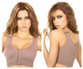 Ann chery 5150 post-surgery brassiere in brown is a taupe-colored sports bra with front zipper and adjustable straps