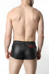 Black shiny faux leather anti-chrome gear shorts with red side stripes and red zipper pocket on back view