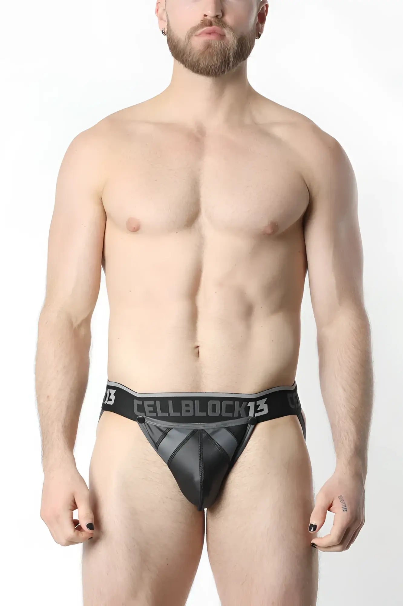Black cellblock13 anti-chrome snap up jockstrap briefs with mesh and solid panel design front view