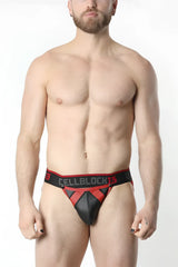 Black and red cellblock13 thong with bold geometric design in anti-chrome snap up jockstrap style back view