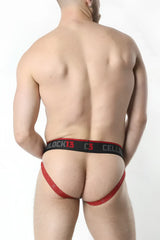 Red and black lace-trimmed briefs with cellblock13 branding on waistband from anti-chrome snap up jockstrap line