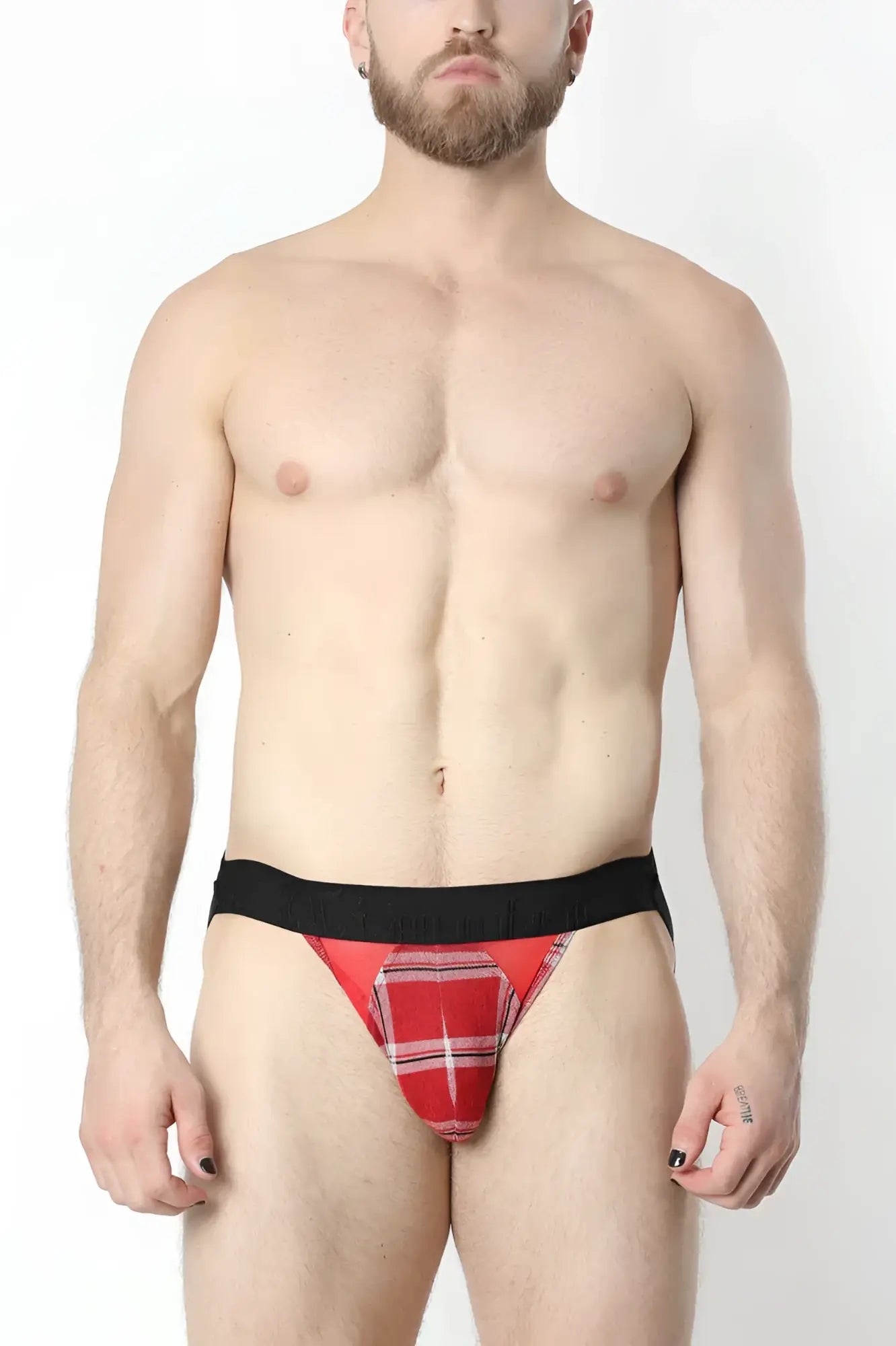 Aspen jockstrap red plaid briefs with black waistband comfortable supportive men’s underwear design