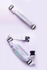 Transparent holographic running belt ssbag with white adjustable straps and black buckles for hands-free exercise