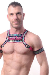 Electro armband set of 2 with vibrant pink and black straps featuring a colorful zigzag chest harness design