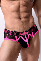 Stinger brief black and pink mesh briefs with bold geometric design neon pink trim and barbed wire patterns