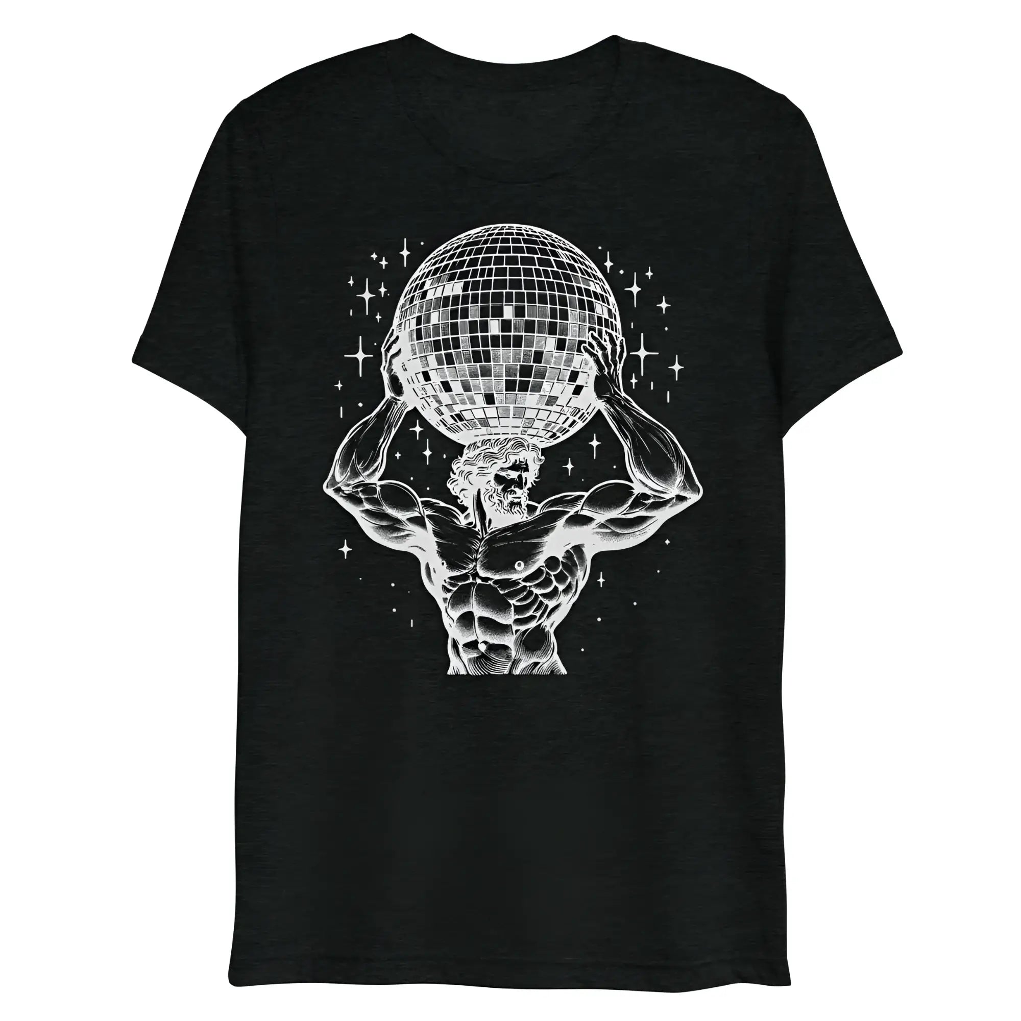 Black heathered t-shirt featuring a white line-art muscular figure holding a disco ball with starbursts atlas boogie design
