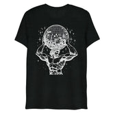 Black heathered t-shirt featuring a white line-art muscular figure holding a disco ball with starbursts atlas boogie design