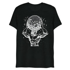 Black heathered t-shirt featuring a white line-art muscular figure holding a disco ball with starbursts atlas boogie design