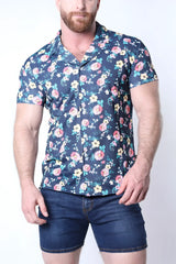 Navy blue Balboa button down shirt with short sleeves and vibrant pink white and light green floral pattern
