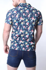 Balboa button down shirt navy blue short-sleeved with vibrant pink yellow and light green floral pattern