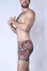 Balboa hybrid swim short patterned boxer briefs with intricate red purple and green mandala designs front view