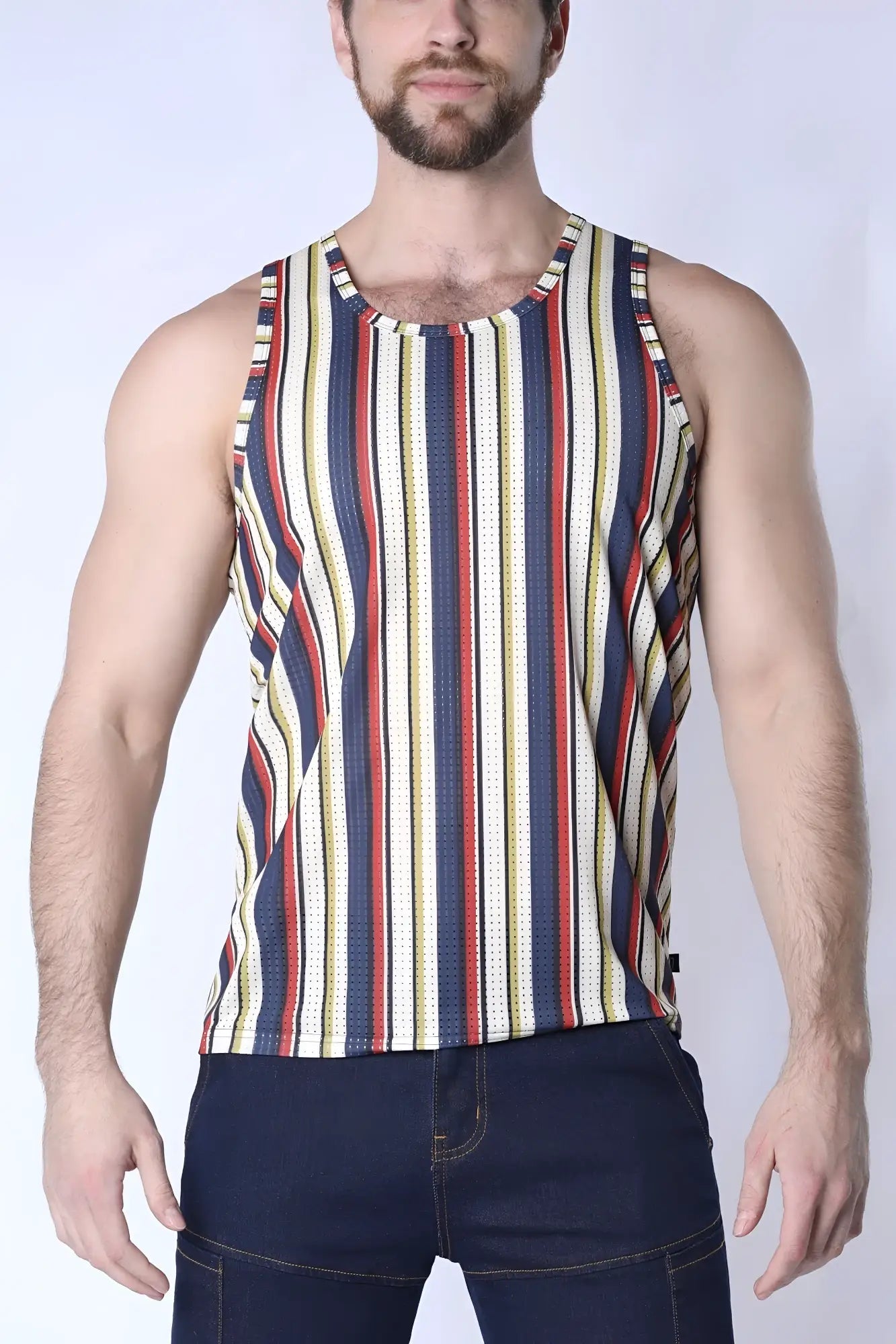 A men’s sleeveless balboa mesh tank top with bold navy blue red and cream vertical stripes in textured fabric