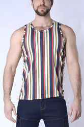 A men’s sleeveless balboa mesh tank top with bold navy blue red and cream vertical stripes in textured fabric
