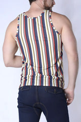 A men’s balboa mesh tank top with vertical navy blue red yellow and cream stripes in sleeveless design