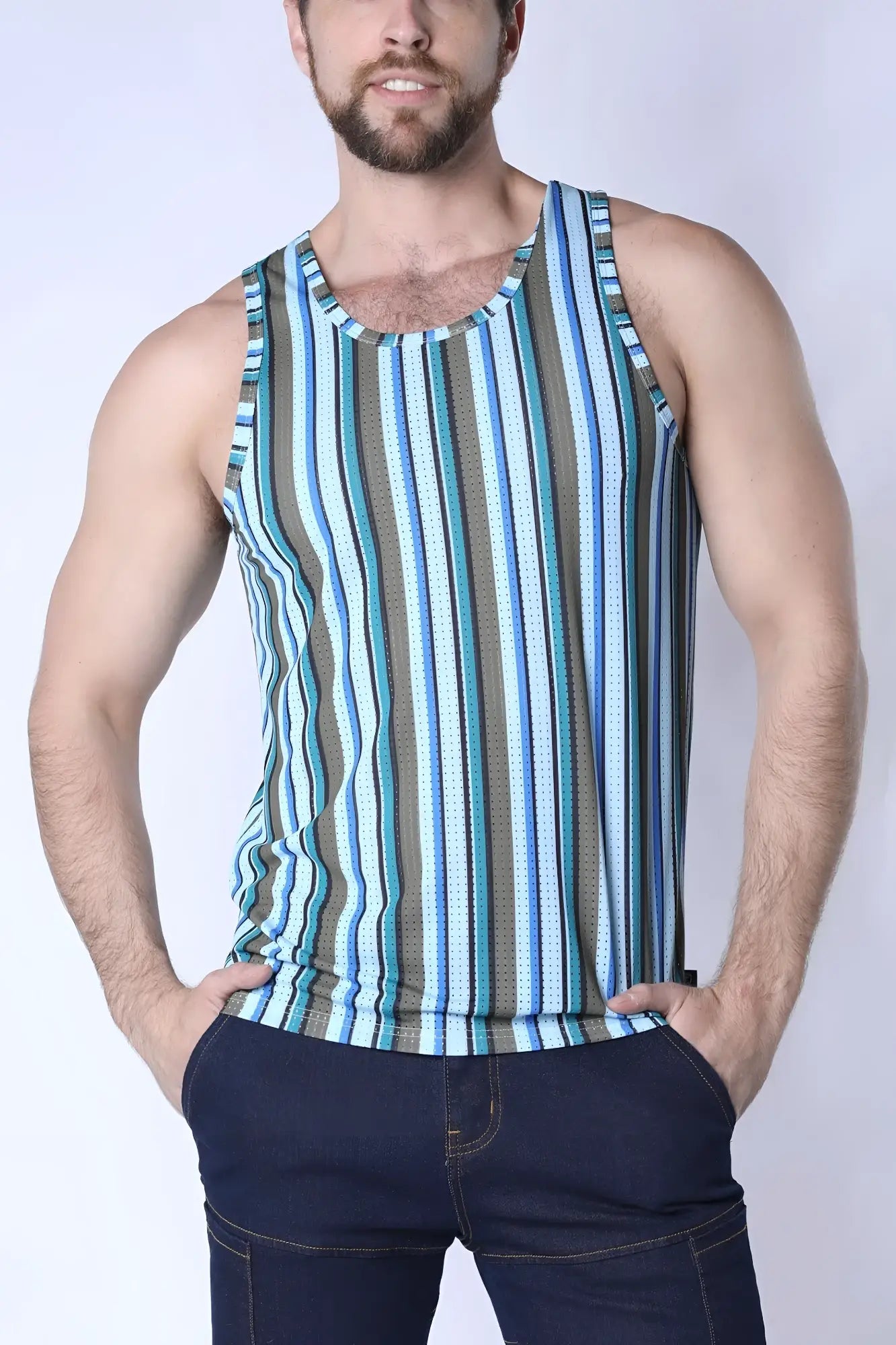 Balboa mesh tank top men’s sleeveless with vertical blue teal and gray stripes and breathable mesh texture