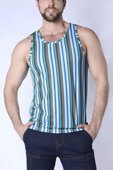 Balboa mesh tank top men’s sleeveless with vertical blue teal and gray stripes and breathable mesh texture