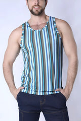 Balboa mesh tank top men’s sleeveless with vertical blue teal and gray stripes and breathable mesh texture