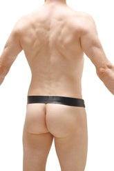 Black latex ball-lifter delong fringes thong with smooth glossy finish and narrow waistband shown from the back