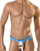 Blue and white wildman brand jockstrap with central ring designed for ball support in The Ball Lifter Protruder Blue