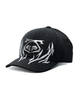 Black baseball cap barbed wire snout cap with silver metallic logo and flame embroidery on the front