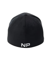 Black fitted barbed wire snout cap showing the back with white embroidered np logo on the fabric