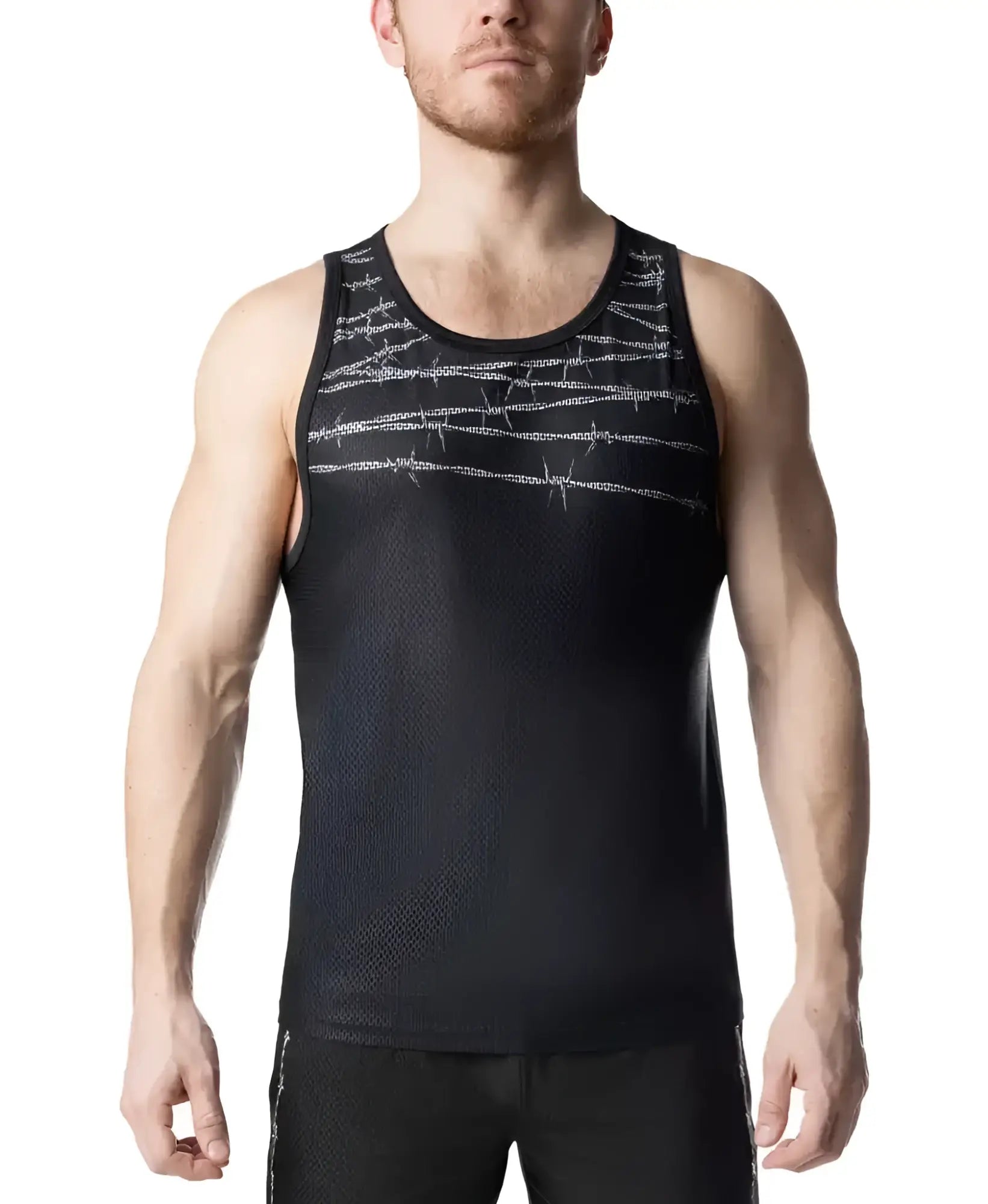 Black athletic tank top featuring a subtle silver barbed wire pattern across the chest for active wear