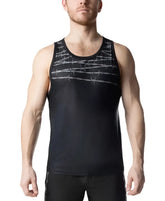 Black athletic tank top featuring a subtle silver barbed wire pattern across the chest for active wear