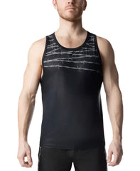 Black athletic tank top featuring a subtle silver barbed wire pattern across the chest for active wear