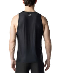 Black mesh barbed wire tank top with a small white logo at the neckline for athletic wear