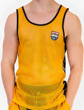 Yellow mesh athletic tank top with black trim and shield logo on chest barcode berlin carlos size s