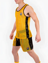 Yellow mesh athletic tank top with black side panels and small logo on chest by Barcode Berlin size small
