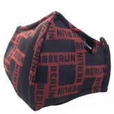 Black and red patterned unisex face mask with berlin text design from barcode berlin in one size