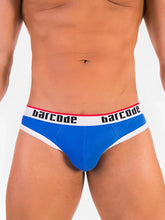 Blue and white ribbed barcode berlin dani hole backless jock brief underwear size l showing back side