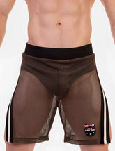 Brown mesh athletic shorts with a black waistband white side stripes and barcode logo patch on lower left leg size l