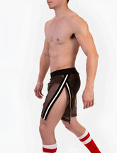 Black mesh athletic shorts with white and black striped side panels barcode berlin eduard split sides size l