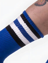 Blue barcode berlin fetish stripes half socks with bold black and white stripes near the cuff in size l/xl